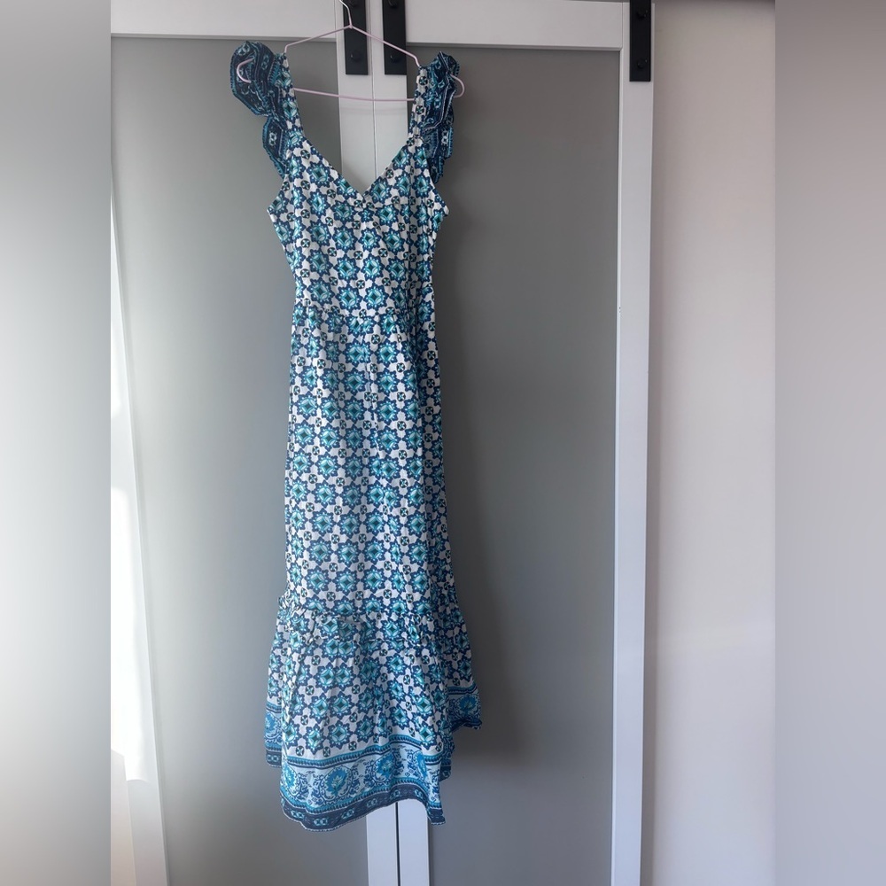 Anthropologie Haute Hippie Cotton Teal and White Patterned Maxi Dress